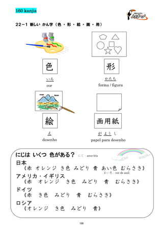 160 kanjis
２２－１ 新しい かん字 （色 ・ 形 ・ 絵 ・ 画 ・ 用）

色

形

いろ

かたち

cor

forma / figura

絵

画用紙

え

が よう し

desenho

papel para desenho

にじは いくつ 色がある？ にじ：arco-íris
日本
《赤 オレンジ き色 みどり 青 あい色 むらさき》
あい色：cor de anil
アメリカ・イギリス
《赤 オレンジ き色 みどり 青 むらさき》
ドイツ
《赤 き色 みどり 青 むらさき》
ロシア
《オレンジ き色 みどり 青》
106

 