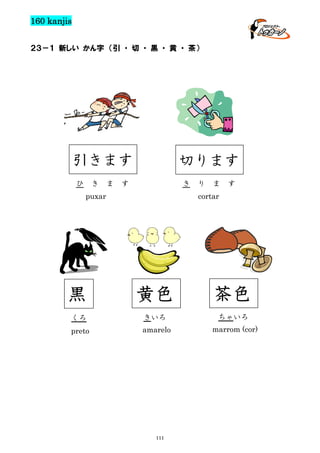 160 kanjis
２３－１ 新しい かん字 （引 ・ 切 ・ 黒 ・ 黄 ・ 茶）

引きます
ひ

き

ま

切ります

す

き

puxar

り

ま

す

cortar

黒

黄色

茶色

くろ

きいろ

ちゃいろ

preto

amarelo

marrom (cor)

111

 