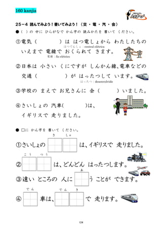 160 kanjis
２５－４ 読んでみよう！書いてみよう！ （交 ・ 電 ・ 汽 ・ 会）
● (

) の 中に ひらがなで かん字の 読みかたを 書いて ください。

①電気（

）は はつ電しょから わたしたちの
はつでんしょ：central elétrica

いえまで 電線で おくられて きます。
電線：fio elétrico

②日本は 小さい くにですが しんかん線、
電車などの
交通（

）が はったつして います。
はったつ：desenvolvido

③学校の まえで お兄さんに 会（
④さいしょの 汽車(

）いました。

)は、

イギリスで 走りました。
● □に かん字を 書いて ください。
き

しゃ

①さいしょの
こ う

②

は、イギリスで 走りました。

つ う

は、どんどん はったつします。
あ

③遠い ところの 人に
で ん

④

で ん

う ことが できます。
き

車は、

で 走ります。

124

 