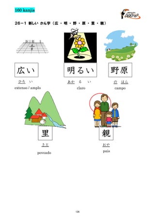 160 kanjis
２６－１ 新しい かん字 （広 ・ 明 ・ 野 ・ 原 ・ 里 ・ 親）

広い
ひろ

明るい

い

あか

extenso / amplo

る

野原

い

の

claro

campo

里

親

さと

おや

povoado

pais

126

はら

 