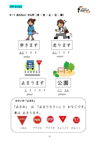 160 kanjis
４－１ あたらしい かん字 （歩 ・ 走 ・ 止 ・ 公 ・ 園）

歩きます

走ります

ある き

はし り

ま

す

す

correr

andar

公園

止まります
と

ま

ま

り

ま

こう

す

えん

parque

parar
せかいの「止まれ」

「止まれ」 は 「止まりなさい」と おなじです。
車は 止まります。

にほん

ブラジル

アメリカ

16

ちゅうごく

かんこく

 