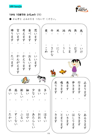 160 kanjis
１から １０までの ふくしゅう （１）
● かん字と よみかたを つないで ください。

帰
り
ま
す
・

言
い
ま
す
・

考
え
ま
す
・

食
べ
ま
す
・

思
い
ま
す
・

・
たべ

・
か
ん
が
え
ま
す

・
か
え
り
ま
す

・
お
も
い
ま
す

・
い
い
ま
す

ま
す

早
い
・

・
た
か
い

・

新
し
い
・

細
い

・
す
く
な
い

・
ふ
る
い

・
は
や
い

高
い

・

麦
・

古
い

・
あ
た
ら
し
い

・
お
お
い

・

米
・

池
・

肉
・

魚
・

馬
・

・
こ
め

少
な
い
・

牛
・
・
さ
か
な

・
に
く

・
う
し

・
う
ま

・
む
ぎ

・
い
け

多
い

走
り
ま
す

来
ま
す

・

・

鳴
き
ま
す
・

・

・
ほ
そ
い

・
き
ま
す

・
と
ま
り
ま
す

・
い
き
ま
す

173

歩
き
ま
す

行
き
ま
す

止
ま
り
ま
す
・

・
は
し
り
ま
す

・
な
き
ま
す

・
あ
る
き
ま
す

・

・

 