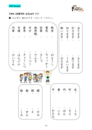 160 kanjis
１から ２５までの ふくしゅう （１）
● かん字と 読みかたを つないで ください。

直
角

汽
車

交
通
・

・
は
ん
ぶ
ん

・

・
き
ょ
う
し
つ

・

画
用
紙
・

計
算

・
こ
う
つ
う

・

・
け
い
さ
ん

半
分

・
で
ん
き

・
き
し
ゃ

・

電
気

教
室

・
ち
ょ
っ
か
く

・
が
よ
う
し

・

歌
い
ま
す
・

外

引
き
ま
す
・

当
て
ま
す
・

・
ひ
き
ま
す

・

切
り
ま
す
・

・
う
た
い
ま
す

・
あ
て
ま
す

・
き
り
ま
す

絵
・

組
・

紙
・

線
・

・

番
・

内
・

形
・

色
・

・
く
み

・
せ
ん

・
え

・
か
み

・
か
た
ち

・
い
ろ

・
ば
ん

・
そ
と

・
う
ち

179

 