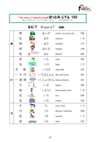 「16０　kanjis」 で べんきょうした かん字

ぱっとみ じてん 160

提出した読み方で、あいうえお順にしました。（　　）内は提出課です。

なに？　O que é ? 　(名詞)
間

あいだ

秋

(30)

あき

outono

( 2)

朝

あさ

manhã

(17)

頭

あたま

cabeça

(14)

あと

depois

(29)

家

いえ

casa

(32)

池

あ

entre / no meio de…

いけ

lago

( 7)

mercado

(27)

後

市

ごちそうさま

場

いちば

一万円
い

いちまんえん

dez mil ienes

(27)

一週間

いっしゅうかん uma semana

(31)

きょ年 １年

今

生
いま ２年生

いま

agora

(32)

irmã mais nova

( 3)

妹
色

いろ

cor

(22)

岩

いわ

rocha

(12)

牛
う

いもうと

うし

vaca / boi

( 7)

内

うち

dentro / interior

(24)

馬

うま

cavalo

( 7)

海

うみ

mar

(12)

185

 