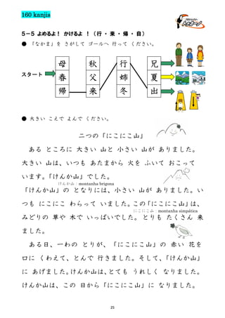 160 kanjis
５－５ よめるよ！ かけるよ ！ （行 ・ 来 ・ 帰 ・ 自）
● 「なかま」を さがして ゴールへ 行って ください。

スタート

母
春
帰

秋
父
来

行
姉
冬

兄
夏
出

● 大きい こえで よんで ください。

二つの「にこにこ山」
ある ところに 大きい 山と 小さい 山が ありました。
大きい 山は、いつも あたまから 火を ふいて おこって
います。
「けんか山」でした。
けんか山：montanha brigona

「けんか山」の となりには、小さい 山が ありました。い
つも にこにこ わらって いました。 「にこにこ山」
この
は、
にこにこ山：montanha simpática

みどりの 草や 木で いっぱいでした。 とりも たくさん 来
ました。
ある日、一わの とりが、「にこにこ山」の 赤い 花を
口に くわえて、とんで 行きました。そして、
「けんか山」
に あげました。
けんか山は、
とても うれしく なりました。
けんか山は、この 日から「にこにこ山」に なりました。
25

 