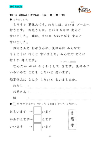 160 kanjis
１０－５ よめるよ！ かけるよ！ （心 ・ 思 ・ 考 ・ 言）
● よみましょう。
にち

もうすぐ 夏休みです。わたしは、まい日 プールへ
行きます。 お兄さんは、まい日 5 キロ 走ると
言いました。 妹は、まい日 なわとびを すると
言いました。
お父さんと お母さんが、夏休みに みんなで
りょこうに 行くと 言いました。みんなで どこに
行くか 考えます。

わくわく：ansioso

なんだか 心が わくわくして きます。夏休みに
いろいろな ことを したいと 思います。
◎夏休みに なにを したいと 言いましたか。
わたし

：

お兄さん：
妹
●

：
の 中の かん字を つかって ことばを かいて ください。

おもいます

います

かんがえます

えます

いいます

います
50

言
思
考

 