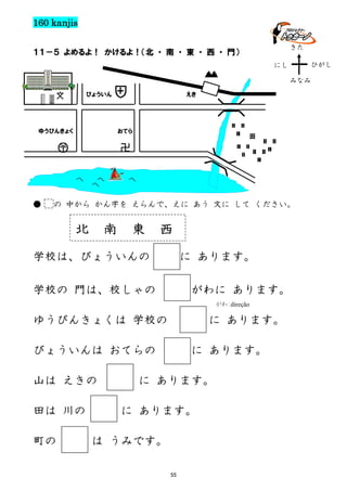 160 kanjis
きた

１１－５ よめるよ！ かけるよ！（北 ・ 南 ・ 東 ・ 西 ・ 門）

ひがし

にし
みなみ
びょういん

ゆうびんきょく

●

えき

おてら

田

の 中から かん字を えらんで、えに あう 文に して ください。

北

南

東

西

学校は、びょういんの

に あります。

学校の 門は、校しゃの

がわに あります。
がわ：direção

ゆうびんきょくは 学校の

に あります。

びょういんは おてらの
山は えきの
田は 川の
町の

に あります。

に あります。
に あります。

は うみです。
55

 