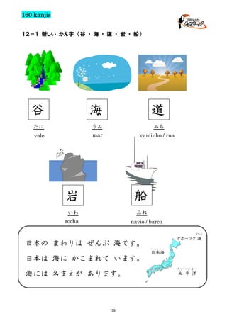 160 kanjis
１２－１ 新しい かん字 （谷 ・ 海 ・ 道 ・ 岩 ・ 船）

谷

海

道

たに

うみ

みち

vale

mar

caminho / rua

岩

船

いわ

ふね

rocha

navio / barco
かい

オホーツク 海

日本の まわりは ぜんぶ 海です。
にほんかい

日本は 海に かこまれて います。
海には 名まえが あります。

56

日本海

たいへいよう

太 平 洋

 