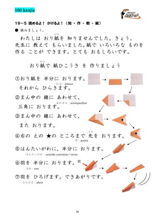 160 kanjis
１９－５ 読めるよ！ かけるよ！ （知 ・ 作 ・ 教 ・ 紙）
● 読みましょう。
がみ

わたしは おり紙を 知りませんでした。きょう、
先生に 教えて もらいました。
紙で いろいろな ものを
作る ことが できます。とても おもしろいです。
がみ

おり紙で 紙ひこうき を 作りましょう
①おり紙を 半分に おります。
おる：dobrar

それから ひらきます。
②まん中の 線に あわせて、
あわせる：acompanhar

三角に おります。

③まん中の 線に あわせて、
また おります。
さき

④右の えの ★の ところまで 先を おります。
先：ponta

⑤はんたいがわに、半分に おります。
はんたいがわ：sentido contrário / verso

⑥羽を 半分に おります。羽
はね：asa

⑦羽を ひろげます。できあがりです。
ひろげる：abrir

95

 