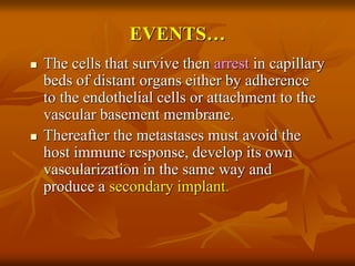 EVENTS…
 The cells that survive then arrest in capillary
beds of distant organs either by adherence
to the endothelial cells or attachment to the
vascular basement membrane.
 Thereafter the metastases must avoid the
host immune response, develop its own
vascularization in the same way and
produce a secondary implant.
 
