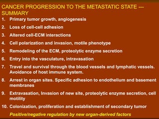 CANCER PROGRESSION TO THE METASTATIC STATE ---
SUMMARY
1. Primary tumor growth, angiogenesis
2. Loss of cell-cell adhesion
3. Altered cell-ECM interactions
4. Cell polarization and invasion, motile phenotype
5. Remodeling of the ECM, proteolytic enzyme secretion
6. Entry into the vasculature, intravasation
7. Travel and survival through the blood vessels and lymphatic vessels.
Avoidance of host immune system.
8. Arrest in organ sites. Specific adhesion to endothelium and basement
membranes
9. Extravasation, Invasion of new site, proteolytic enzyme secretion, cell
motility
10. Colonization, proliferation and establishment of secondary tumor
Positive/negative regulation by new organ-derived factors
 