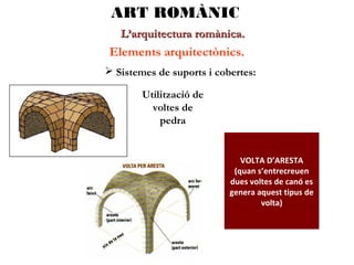 ART ROMÀNIC
L’arquitectura romànica.

Elements arquitectònics.
 Sistemes de suports i cobertes:
Utilització de
voltes de
pedra

VOLTA D’ARESTA
(quan s’entrecreuen
dues voltes de canó es
genera aquest tipus de
volta)

 
