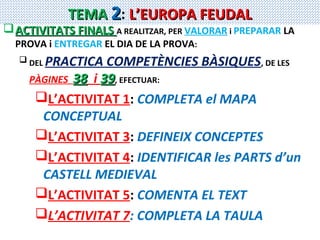 TEMA 2: L’EUROPA FEUDAL

 ACTIVITATS FINALS A REALITZAR, PER VALORAR i PREPARAR LA
PROVA i ENTREGAR EL DIA DE LA PROVA:

PRACTICA COMPETÈNCIES BÀSIQUES, DE LES
PÀGINES 38 i 39, EFECTUAR:
L’ACTIVITAT 1: COMPLETA el MAPA
CONCEPTUAL
L’ACTIVITAT 3: DEFINEIX CONCEPTES
L’ACTIVITAT 4: IDENTIFICAR les PARTS d’un
CASTELL MEDIEVAL
L’ACTIVITAT 5: COMENTA EL TEXT
L’ACTIVITAT 7: COMPLETA LA TAULA

 DEL

 