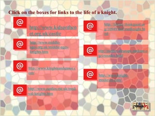 Click on the boxes for links to the life of a knight.
http://medievaleurope.mrdonn.o
rg/crusades.html
http://library.thinkquest.or
g/10949/fief/medknight.ht
ml
http://www.knight-
medieval.com/
http://www.middle-
ages.org.uk/middle-ages-
knights.htm
Back
http://www.kidsonthen
et.org.uk/castle
http://www.knightsandarmor.c
om/
http://www.castles.me.uk/medi
eval-knights.htm
 