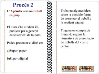 L’ Apèndix serà un treball
en grup.
El diari s’ha d’editar i/o
publicar per a general
coneixement de tothom.
Podeu presentar el diari en:
a)Suport paper
b)Suport digital
Trobareu algunes idees
sobre la possible forma
de presentar el treball a
la següent pàgina.
Tingueu en compte de
lliurar-lo segons la
normativa de presentació
de treballs del vostre
centre.
EndavantEndarrera
Procés 2
 