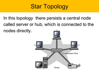 Star Topology
In this topology there persists a central node
called server or hub, which is connected to the
nodes directly.
 