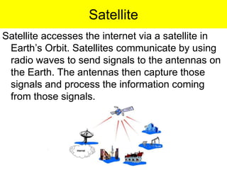 Satellite
Satellite accesses the internet via a satellite in
Earth’s Orbit. Satellites communicate by using
radio waves to send signals to the antennas on
the Earth. The antennas then capture those
signals and process the information coming
from those signals.
 