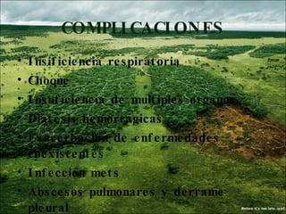 COMPLICACIONES Insificiencia respiratoria Choque Insuficiencia de multiples organos Diatesis hemorragicas Exacerbacion de enfermedades coexistentes Infeccion mets Abscesos pulmonares y derrame pleural 