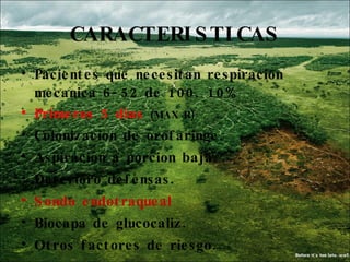CARACTERISTICAS Pacientes que necesitan respiracion mecanica 6-52 de 100. 10% Primeros 5 dias  (MAX R) Colonizacion de orofaringe. Aspiracion a porcion baja. Deterioro defensas. Sondo endotraqueal Biocapa de glucocaliz. Otros factores de riesgo. 