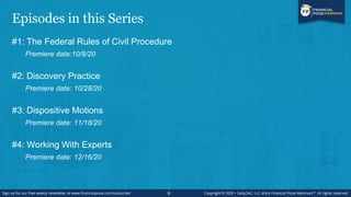 Episodes in this Series
#1: The Federal Rules of Civil Procedure
Premiere date:10/8/20
#2: Discovery Practice
Premiere dat...