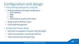 TRANSFORMING NETWORKING & STORAGE
29
• Easily reconfigurable (parses config file)
• Different pipelines through configuration
• WiFi Gateway
• BNG
• QoS
• Combination or part of the above
• Assign work to different cores
• Cache QoS Management
• Configuration follows design
• Each core is assigned to execute a (set of) task(s)
• Tasks are executed in round-robin fashion
• Tasks communicate through rings
Configuration and design
 