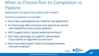 TRANSFORMING NETWORKING & STORAGE
6
Applications will generally employ both models
Technical questions to consider:
 How many cycles/packet do I need for my algorithms?
 Are there large data structures that need to be shared
with read/write access across packets?
 Will I support timer / packet ordering functions?
 Can I take advantage of a specific optimization
if you restrict an algorithm to one core?
 How much data would I need to exchange between
software modules?
When to Choose Run-to-Completion vs.
Pipeline
 