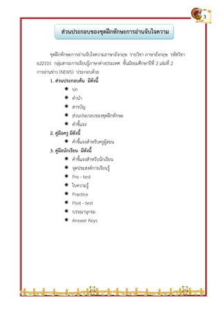 ส่วนประกอบของชุดฝึกทักษะการอ่านจับใจความ
ชุดฝึกทักษะการอ่านจับใจความภาษาอังกฤษ รายวิชา ภาษาอังกฤษ รหัสวิชา
อ22101 กลุ่มสาร...