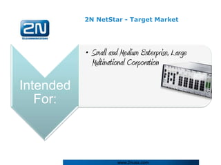 2N NetStar - Target Market




           • Small and Medium Enterprise, Large
             Multinational Corporation

Intended
   For:



                      www.2nusa.com
 