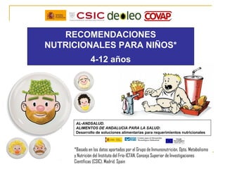 RECOMENDACIONES
NUTRICIONALES PARA NIÑOS*
              4-12 años




      AL-ANDSALUD.
      ALIMENTOS DE ANDALUCIA PARA LA SALUD:
      Desarrollo de soluciones alimentarias para requerimientos nutricionales



     *Basado en los datos aportados por el Grupo de Inmunonutrición, Dpto. Metabolismo
     y Nutrición del Instituto del Frío-ICTAN, Consejo Superior de Investigaciones
     Científicas (CSIC), Madrid, Spain
 