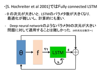 ・[S.	
  Hochreiter	
  et	
  al	
  2001]ではFully	
  connected	
  LSTM	
	
-­‐	
  θ	
  の次元が大きいと，LSTMのパラメタ数が大きくなり，	
  
　最適化が難しいし，計算的にも重い．	
-­‐  Deep	
  neural	
  networkのようなパラメタθの次元が大きい	
  
　問題に対して適用することは難しかった．(θの次元は数万〜)	
  
 