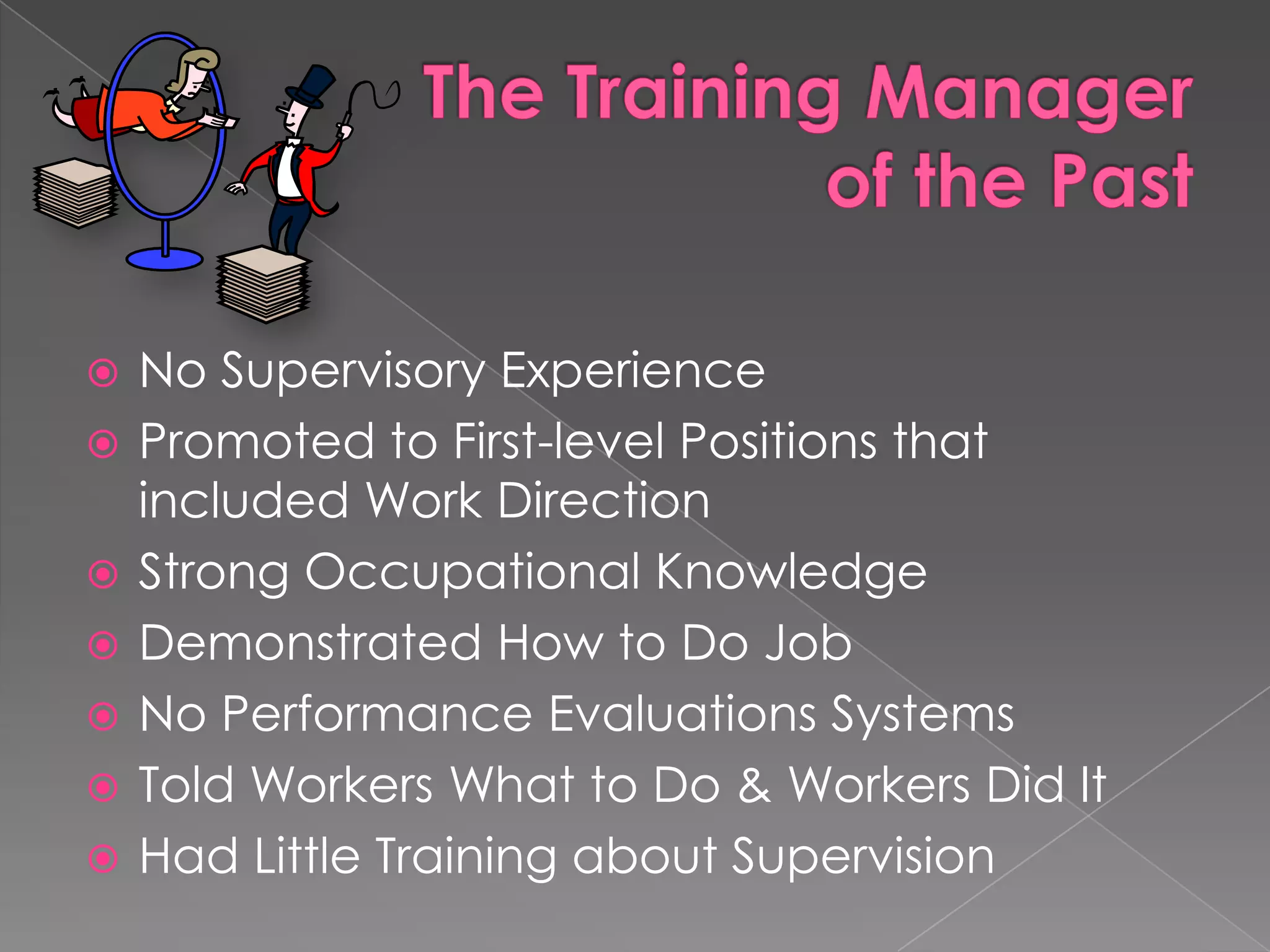 No Supervisory Experience Promoted to First-level Positions that included Work Direction  Strong Occupational Knowledge  Demonstrated How to Do Job No Performance Evaluations Systems Told Workers What to Do & Workers Did It Had Little Training about Supervision 