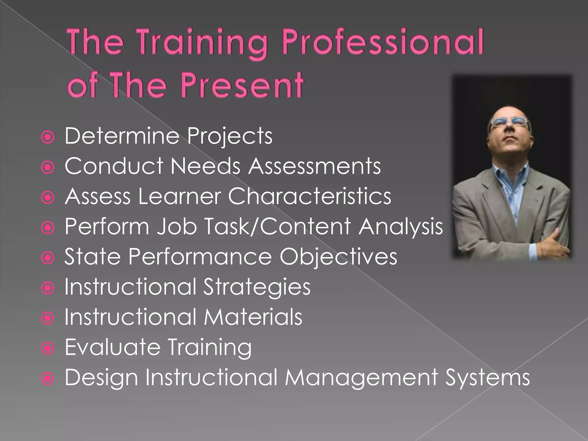 Determine Projects Conduct Needs Assessments Assess Learner Characteristics Perform Job Task/Content Analysis State Performance Objectives Instructional Strategies Instructional Materials Evaluate Training Design Instructional Management Systems 