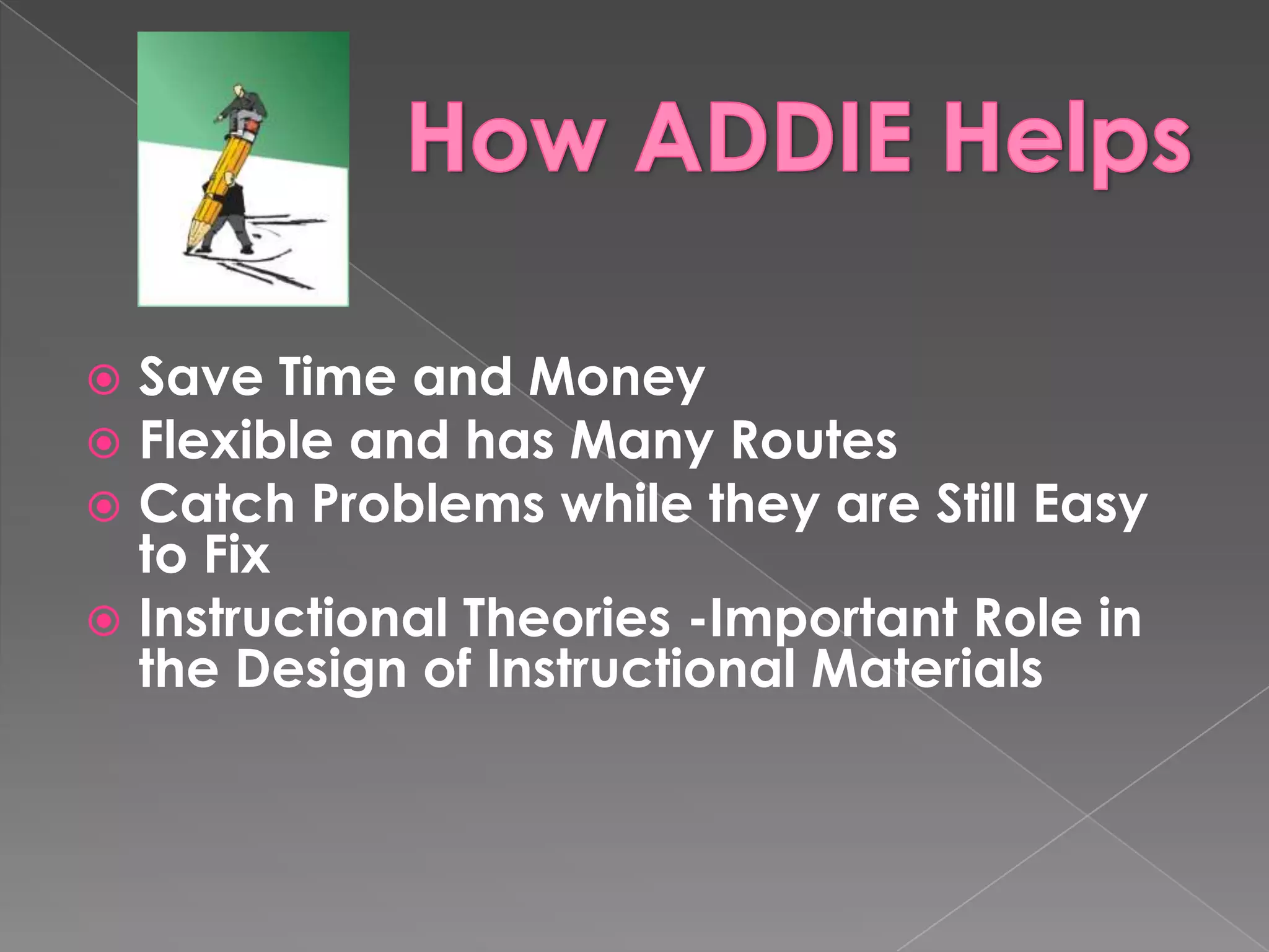Save Time and Money Flexible and has Many Routes  Catch Problems while they are Still Easy to Fix Instructional Theories -Important Role in the Design of Instructional Materials 