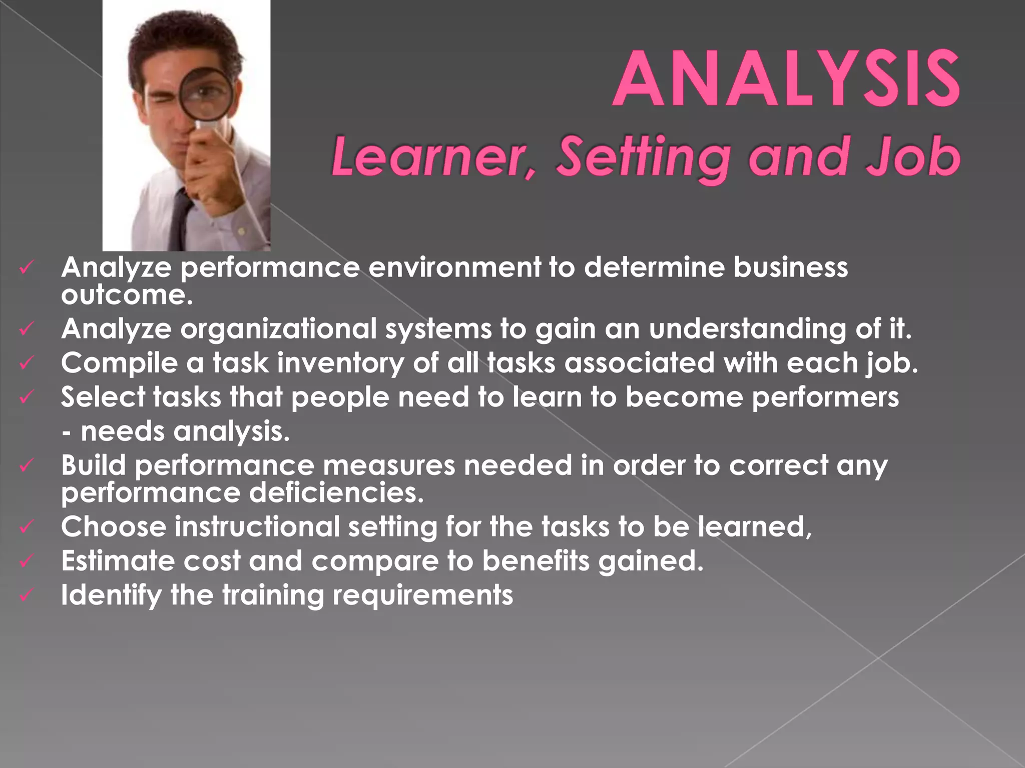 Analyze performance environment to determine business outcome. Analyze organizational systems to gain an understanding of it.  Compile a task inventory of all tasks associated with each job. Select tasks that people need to learn to become performers  - needs analysis.  Build performance measures needed in order to correct any performance deficiencies.  Choose instructional setting for the tasks to be learned,  Estimate cost and compare to benefits gained.  Identify the training requirements 