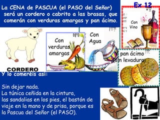 La CENA de PASCUA (el PASO del Señor)                Ex 12
 será un cordero o cabrito a las brasas, que
 comerán con verduras amargas y pan ácimo.          Con
                                                   Vino

                                     Con
                       Con           Agua
                     verduras
                     amargas                 Y pan ácimo
                                                  Pan
                                            (sin ácimo
                                                 levadura)

Y lo comeréis así:

Sin dejar nada.
La túnica ceñida en la cintura,
las sandalias en los pies, el bastón de
viaje en la mano y de prisa, porque es
la Pascua del Señor (el PASO).
 