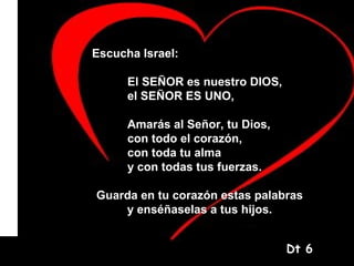 Escucha Israel:
Escucha Israel:
                   El SEÑOR es nuestro DIOS,
                   el SEÑOR ES UNO,
El SEÑOR es nuestro DIOS,
el SEÑOR ES UNO, al Señor, tu Dios,
                Amarás
Amarás al Señor, tu Dios,
                con todo el corazón,
                con toda tu alma
con todo el corazón, todas tus fuerzas.
                y con
con toda tu alma
y con todas Guarda en tu corazón estas palabras
            tus fuerzas.
                y enséñaselas a tus hijos.
Guarda en tu corazón estas palabras
y enséñaselas a tus hijos.
                                               Dt 6
 