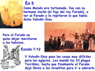Éx 5
            Como Moisés era tartamudo, fue con su
            hermano Aarón (el hijo del rey Faraón), a
            ver al Faraón y le repitieron lo que había
            dicho Yahvéh-Dios.



Pero el Faraón no
quiso dejar marcharse
a los hebreos.

           Éxodo 7-12
             Y Yahvéh-Dios puso las cosas muy difíciles
             para los egipcios. Les mandó las 10 plagas
             Terribles, hasta que finalmente el Faraón
             dejó libres a los israelitas para ir a adorarlo.
 