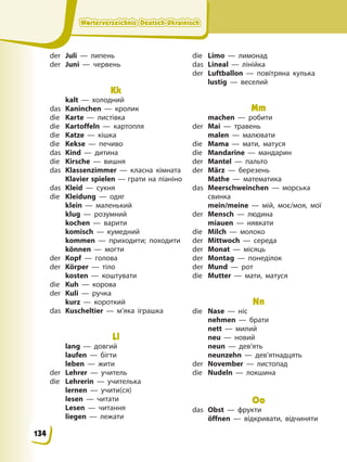 Wörterverzeichnis Deutsch-Ukrainisch
Wörterverzeichnis Deutsch-Ukrainisch
Wörterverzeichnis Deutsch-Ukrainisch
Wörterverzeichnis Deutsch-Ukrainisch
der Juli — липень
der Juni — червень
Kk
kalt — холодний
das Kaninchen — кролик
die Karte — листівка
die Kartoffeln — картопля
die Katze — кішка
die Kekse — печиво
das Kind — дитина
die Kirsche — вишня
das Klassenzimmer — класна кімната
Klavier spielen — грати на піаніно
das Kleid — сукня
die Kleidung — одяг
klein — маленький
klug — розумний
kochen — варити
komisch — кумедний
kommen — приходити; походити
können — могти
der Kopf — голова
der Körper — тіло
kosten — коштувати
die Kuh — корова
der Kuli — ручка
kurz — короткий
das Kuscheltier — м’яка іграшка
Ll
lang — довгий
laufen — бігти
leben — жити
der Lehrer — учитель
die Lehrerin — учителька
lernen — учити(ся)
lesen — читати
Lesen — читання
liegen — лежати
die Limo — лимонад
das Lineal — лінійка
der Luftballon — повітряна кулька
lustig — веселий
Mm
machen — робити
der Mai — травень
malen — малювати
die Mama — мати, матуся
die Mandarine — мандарин
der Mantel — пальто
der März — березень
Mathe — математика
das Meerschweinchen — морська
свинка
mein/meine — мій, моє/моя, мої
der Mensch — людина
miauen — нявкати
die Milch — молоко
der Mittwoch — середа
der Monat — місяць
der Montag — понеділок
der Mund — рот
die Mutter — мати, матуся
Nn
die Nase — ніс
nehmen — брати
nett — милий
neu — новий
neun — дев’ять
neunzehn — дев’ятнадцять
der November — листопад
die Nudeln — локшина
Oo
das Obst — фрукти
öffnen — відкривати, відчиняти
134
 