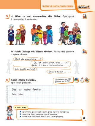 Stunde 10. Das ist meine Familie
Stunde 10. Das ist meine Familie
Stunde 10. Das ist meine Familie
Stunde 10. Das ist meine Familie
Я вже можу:
 зрозуміти розповіді інших дітей про їхні родини;
 запитати іншу людину про її родину;
 написати короткий текст про свою родину.
5 a) Höre zu und nummeriere die Bilder. Прослухай
і пронумеруй малюнки.
1
b) Spielt Dialoge mit diesen Kindern. Розіграйте діалоги
з цими дітьми.
Wie heißt er/sie?
Er/Sie heißt … .
Hast du einen/eine …?
Ja, ich habe einen/eine … ./
Nein, ich habe keinen/keine … .
6 Spiel «Meine Familie».
Гра «Моя родина».
Das ist meine Familie.
Ich habe ….
5
6 Пояснення до гри
дивись на с. 137
Lektion 2
Lektion 2
Lektion 2
Lektion 2
19
 