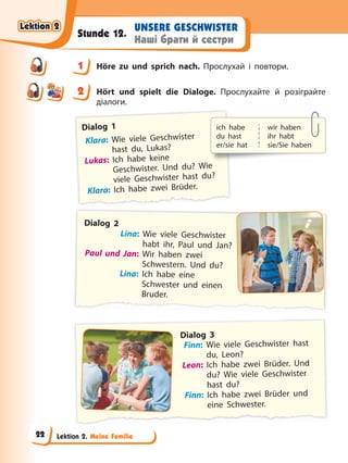 Lektion 2. Meine Familie
UNSERE GESCHWISTER
Наші брати й сестри
Stunde 12.
1 Höre zu und sprich nach. Прослухай і повтори.
2 Hört und spielt die Dialoge. Прослухайте й розіграйте
діалоги.
Dialog 1
Klara: Wie viele Geschwister
hast du, Lukas?
Lukas: Ich habe keine
Geschwister. Und du? Wie
viele Geschwister hast du?
Klara: Ich habe zwei Brüder.
Dialog 2
Lina: Wie viele Geschwister
habt ihr, Paul und Jan?
Paul und Jan: Wir haben zwei
Schwestern. Und du?
Lina: Ich habe eine
Schwester und einen
Bruder.
Dialog 3
Finn: Wie viele Geschwister hast
du, Leon?
Leon: Ich habe zwei Brüder. Und
du? Wie viele Geschwister
hast du?
Finn: Ich habe zwei Brüder und
eine Schwester.
1
2
ich habe
du hast
er/sie hat
wir haben
ihr habt
sie/Sie haben
Lektion 2
Lektion 2
Lektion 2
Lektion 2
22
 