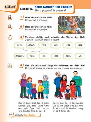Lektion 2. Meine Familie
SEINE FAMILIE? IHRE FAMILIE?
Його родина? Її родина?
Stunde 13.
1 Höre zu und sprich nach.
Прослухай і повтори.
2 Höre zu und sprich nach.
Прослухай і повтори.
3 Verbinde richtig und schreibe die Wörter ins Heft.
З’єднай і запиши слова в зошит.
MUT-
-SCHWIS-
GE-
-TER
-TER
-EL-
GROß-
BRU-
-TER
VA-
-DER
-TERN
4 Lies die Texte und zeige die Personen auf dem Bild.
Прочитай тексти й покажи членів родини на малюнку.
Das ist Lars. Und das ist seine
Mutter. Das sind seine Oma
und sein Opa. Und das ist
sein Bruder Jens. Er ist 10.
Das ist Lan. Das ist ihre Mutter.
Das ist ihr Vater. Und das sind
ihr Opa und ihr Bruder Luong.
Er ist 4 Jahre alt.
1
2
3
4
4
Lektion 2
Lektion 2
Lektion 2
Lektion 2
24
 