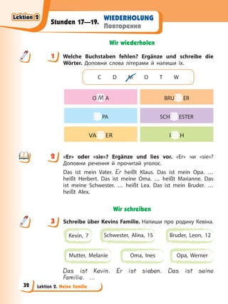 Lektion 2. Meine Familie
WIEDERHOLUNG
Повторення
Stunden 17—19.
Wir wiederholen
1 Welche Buchstaben fehlen? Ergänze und schreibe die
Wörter. Доповни слова літерами й напиши їх.
C D M O T W
O M A
PA
VA ER
BRU ER
SCH ESTER
I H
2 «Er» oder «sie»? Ergänze und lies vor. «Er» чи «sie»?
Доповни речення й прочитай уголос.
Das ist mein Vater. Er heißt Klaus. Das ist mein Opa. …
heißt Herbert. Das ist meine Oma. … heißt Marianne. Das
ist meine Schwester. … heißt Lea. Das ist mein Bruder. …
heißt Alex.
Wir schreiben
3 Schreibe über Kevins Familie. Напиши про родину Кевіна.
Kevin, 7 Schwester, Alina, 15
Opa, Werner
Oma, Ines
Mutter, Melanie
Bruder, Leon, 12
Das ist Kevin. Er ist sieben. Das ist seine
Familie. …
1
2
3
Lektion 2
Lektion 2
Lektion 2
Lektion 2
32
 