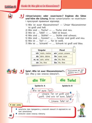 Stunde 38. Was gibt es im Klassenzimmer?
Stunde 38. Was gibt es im Klassenzimmer?
Stunde 38. Was gibt es im Klassenzimmer?
Stunde 38. Was gibt es im Klassenzimmer?
Я вже можу:
 запитати про предмети у класній кімнаті й відповісти на
такі запитання;
 описати свою класну кімнату.
5 «Unser/unsere» oder «euer/eure»? Ergänze die Sätze
und höre die Lösung. Встав «unser/unsere» чи «euer/eure»
і прослухай правильні відповіді.
1) Wie ist euer Klassenzimmer? — Unser Klassenzimmer
ist groß und hell.
2) Wie sind … Tische? — … Tische sind neu.
3) Wie ist … Tafel? — … Tafel ist braun.
4) Wie sind … Stühle? — … Stühle sind schwarz.
5) Wie sind … Fenster? — … Fenster sind groß und neu.
6) Wie ist … Tür? — … Tür ist weiß.
7) Wie ist … Schrank? — … Schrank ist groß und blau.
Singular Plural
ich mein, meine wir unser, unsere
du dein, deine ihr euer, eure
er, es sein, seine sie ihr, ihre
sie ihr, ihre Sie Ihr, Ihre
6 Spiel «Wie ist euer Klassenzimmer?».
Гра «Яка у вас класна кімната?».
die Tür die Tafel
Spieler/in A Spieler/in B
Wie ist eure Tür?
Unsere Tür ist groß und
weiß. Und wie ist eure Tafel?
Unsere Tafel ist…
A
A
B
B
C
C
5
6 Пояснення до гри
дивись на с. 140
Lektion 4
Lektion 4
Lektion 4
Lektion 4
62
 