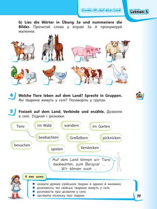 Stunde 49. Auf dem Land
Stunde 49. Auf dem Land
Stunde 49. Auf dem Land
Stunde 49. Auf dem Land
Я вже можу:
 назвати деяких свійських тварин в однині й множині;
 розповісти, які свійські тварини живуть у селі;
 розповісти про дозвілля у селі;
 заспівати пісеньку про тварин.
b) Lies die Wörter in Übung 3a und nummeriere die
Bilder. Прочитай слова у вправі 3а й пронумеруй
малюнки.
1
4 Welche Tiere leben auf dem Land? Sprecht in Gruppen.
Які тварини живуть у селі? Поговоріть у групах.
5 Freizeit auf dem Land. Verbinde und erzähle. Дозвілля
в селі. З’єднай і розкажи.
beobachten Großeltern
besuchen
wandern im Garten
picknicken
Verstecken
Tiere im Wald
spielen
Auf dem Land können wir Tiere
beobachten, zum Beispiel … .
Wir können auch … .
4
5
Lektion 5
Lektion 5
Lektion 5
Lektion 5
77
 