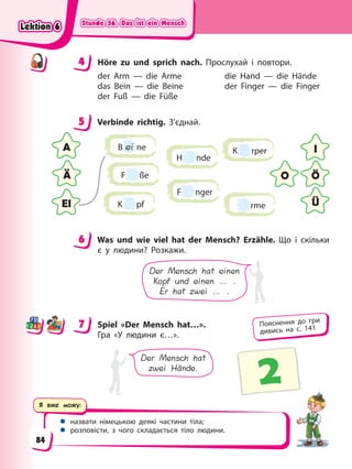 Stunde 56. Das ist ein Mensch
Stunde 56. Das ist ein Mensch
Stunde 56. Das ist ein Mensch
Stunde 56. Das ist ein Mensch
Я вже можу:
 назвати німецькою деякі частини тіла;
 розповісти, з чого складається тіло людини.
4 Höre zu und sprich nach. Прослухай і повтори.
der Arm — die Arme die Hand — die Hände
das Bein — die Beine der Finger — die Finger
der Fuß — die Füße
5 Verbinde richtig. З’єднай.
B ei ne
F nger
rme
K rper
K pf
F ße
H nde
A I
Ä Ö
EI Ü
O
6 Was und wie viel hat der Mensch? Erzähle. Що і скільки
є у людини? Розкажи.
Der Mensch hat einen
Kopf und einen … .
Er hat zwei … .
7 Spiel «Der Mensch hat…».
Гра «У людини є…».
Der Mensch hat
zwei Hände.
2
4
4
5
6
7 Пояснення до гри
дивись на с. 141
Lektion 6
Lektion 6
Lektion 6
Lektion 6
84
 