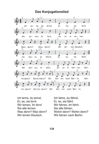 134
Das Konjugationslied
Ich fahre, du fährst,
Er, es, sie fährt.
Wir fahren, ihr fahrt.
Sie alle fahren.
Wohin denn? Wohin denn?
Wir fahren nach Berlin.
Ich lerne, du lernst,
Er, es, sie lernt.
Wir lernen, ihr lernt.
Sie alle lernen.
Was denn? Was denn?
Wir lernen Deutsch.
 