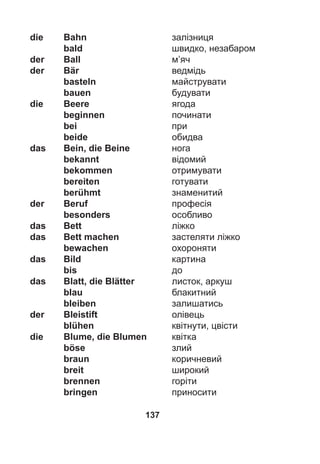 137
die Bahn залізниця
bald швидко, незабаром
der Ball м’яч
der Bär ведмідь
basteln майструвати
bauen будувати
die Beere ягода
beginnen починати
bei при
beide обидва
das Bein, die Beine нога
bekannt відомий
bekommen отримувати
bereiten готувати
berühmt знаменитий
der Beruf професія
besonders особливо
das Bett ліжко
das Bett machen застеляти ліжко
bewachen охороняти
das Bild картина
bis до
das Blatt, die Blätter листок, аркуш
blau блакитний
bleiben залишатись
der Bleistift олівець
blühen квітнути, цвісти
die Blume, die Blumen квітка
böse злий
braun коричневий
breit широкий
brennen горіти
bringen приносити
 