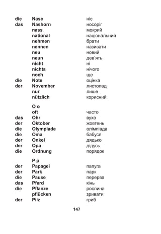 147
die Nase ніс
das Nashorn носоріг
nass мокрий
national національний
nehmen брати
nennen називати
neu новий
neun дев’ять
nicht ні
nichts нічого
noch ще
die Note оцінка
der November листопад
nur лише
nützlich корисний
O o
oft часто
das Ohr вухо
der Oktober жовтень
die Olympiade олімпіада
die Oma бабуся
der Onkel дядько
der Opa дідусь
die Ordnung порядок
P p
der Papagei папуга
der Park парк
die Pause перерва
das Pferd кінь
die Pﬂanze рослина
pﬂücken зривати
der Pilz гриб
 