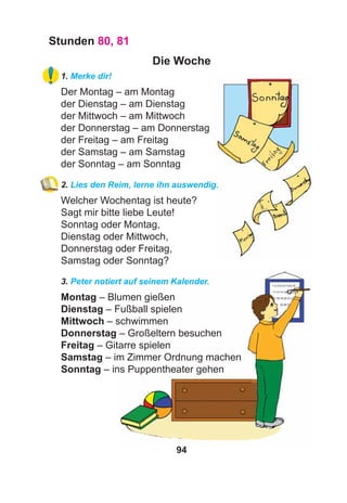 94
Stunden 80, 81
Die Woche
1. Merke dir!
Der Montag – am Montag
der Dienstag – am Dienstag
der Mittwoch – am Mittwoch
der Donnerstag – am Donnerstag
der Freitag – am Freitag
der Samstag – am Samstag
der Sonntag – am Sonntag
2. Lies den Reim, lerne ihn auswendig.
Welcher Wochentag ist heute?
Sagt mir bitte liebe Leute!
Sonntag oder Montag,
Dienstag oder Mittwoch,
Donnerstag oder Freitag,
Samstag oder Sonntag?
3. Peter notiert auf seinem Kalender.
Montag – Blumen gießen
Dienstag – Fußball spielen
Mittwoch – schwimmen
Donnerstag – Großeltern besuchen
Freitag – Gitarre spielen
Samstag – im Zimmer Ordnung machen
Sonntag – ins Puppentheater gehen
 