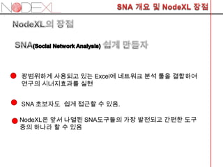 광범위하게 사용되고 있는 Excel에 네트워크 분석 툴을 결합하여
연구의 시너지효과를 실현


SNA 초보자도 쉽게 접근할 수 있음.

NodeXL은 앞서 나열된 SNA도구들의 가장 발전되고 간편한 도구
중의 하나라 할 수 있음
 